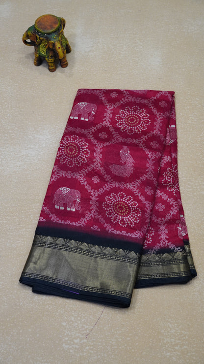Chanderi Saree Peacock Print - Red