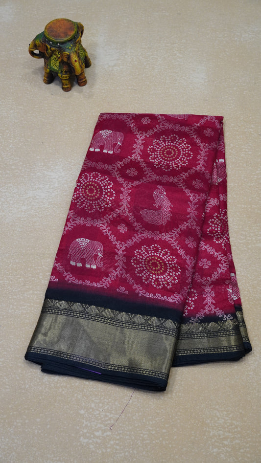 Chanderi Saree Peacock Print - Red