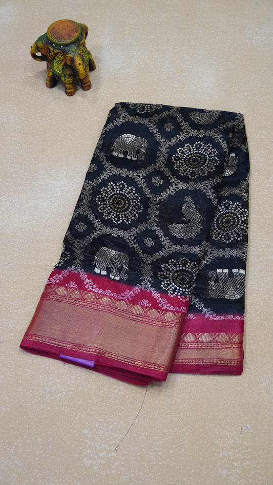Chanderi Saree Peacock Print - Black