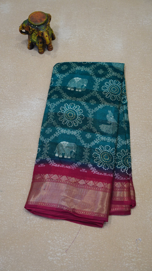 Chanderi Saree Peacock Print - Green