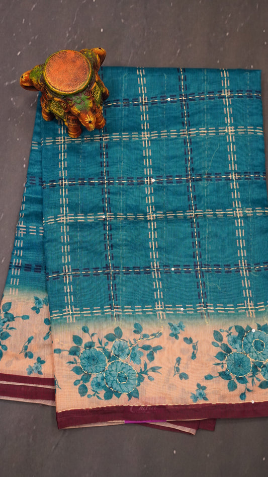 Chanderi Saree Kantha Work-Blue-Checks