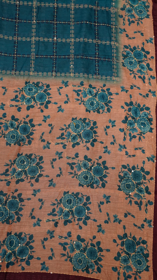 Chanderi Saree Kantha Work-Blue-Checks