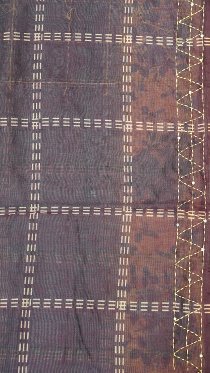 Chanderi Saree Kantha Work-Blue-Checks