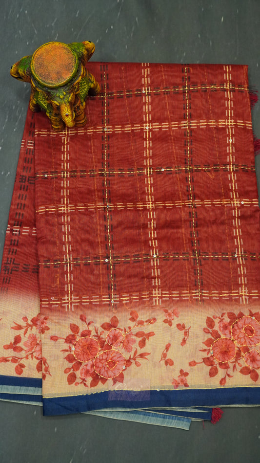 Chanderi Saree Kantha Work-Maroon-Checks