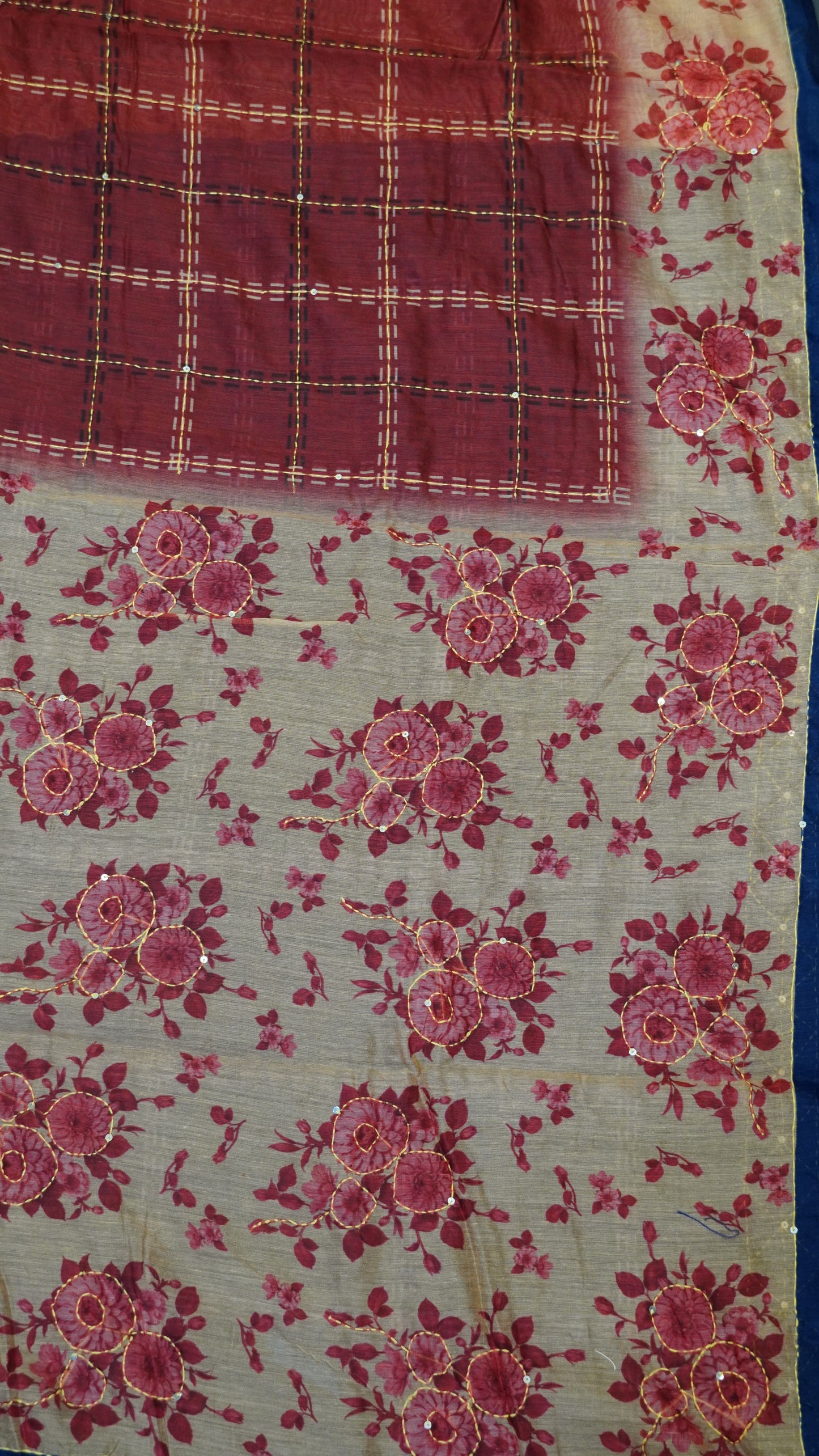 Chanderi Saree Kantha Work-Maroon-Checks