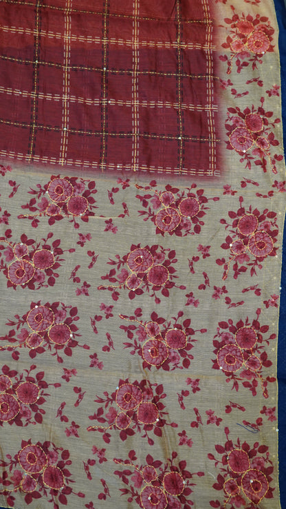 Chanderi Saree Kantha Work-Maroon-Checks