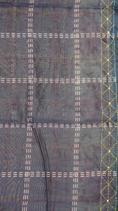 Chanderi Saree Kantha Work-Maroon-Checks