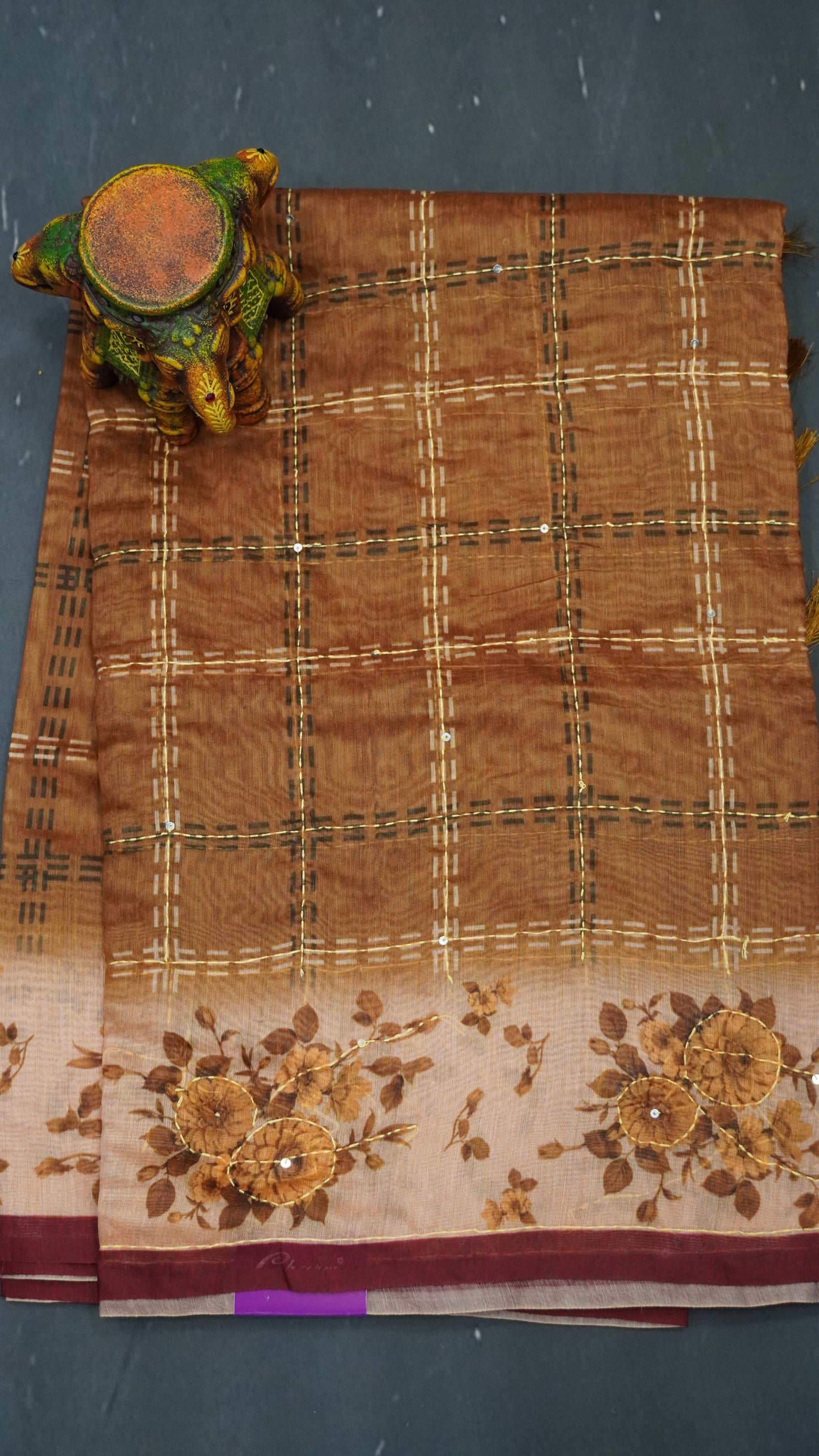 Chanderi Saree Kantha Work-Mustard-Checks