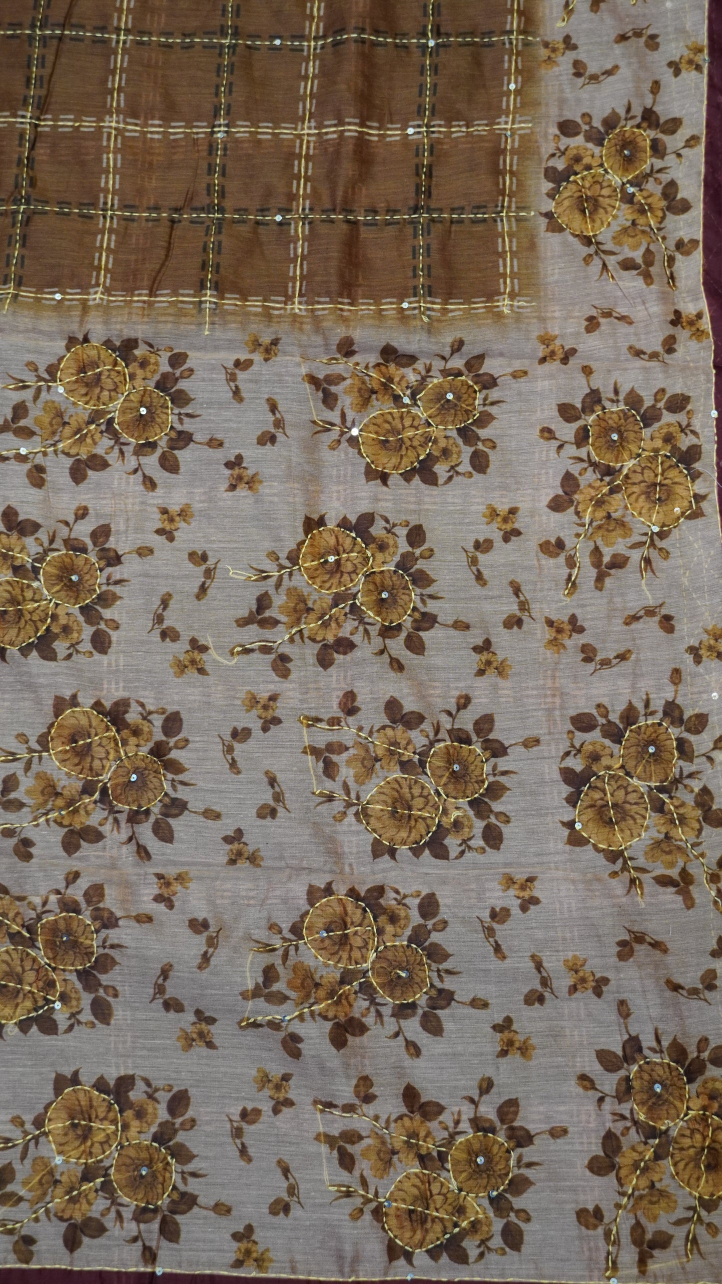 Chanderi Saree Kantha Work-Mustard-Checks