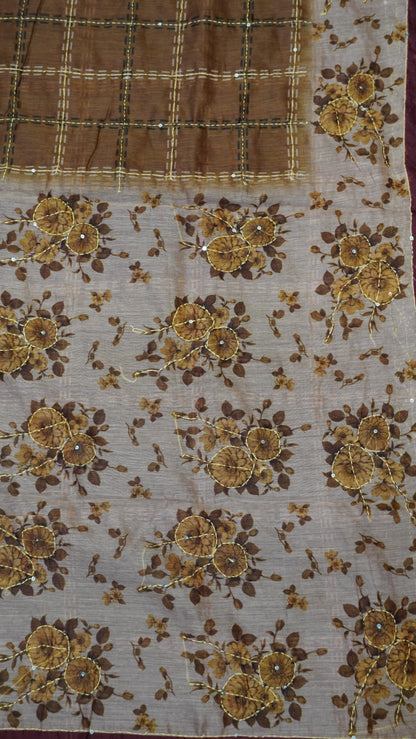 Chanderi Saree Kantha Work-Mustard-Checks