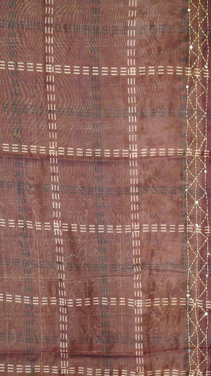 Chanderi Saree Kantha Work-Mustard-Checks