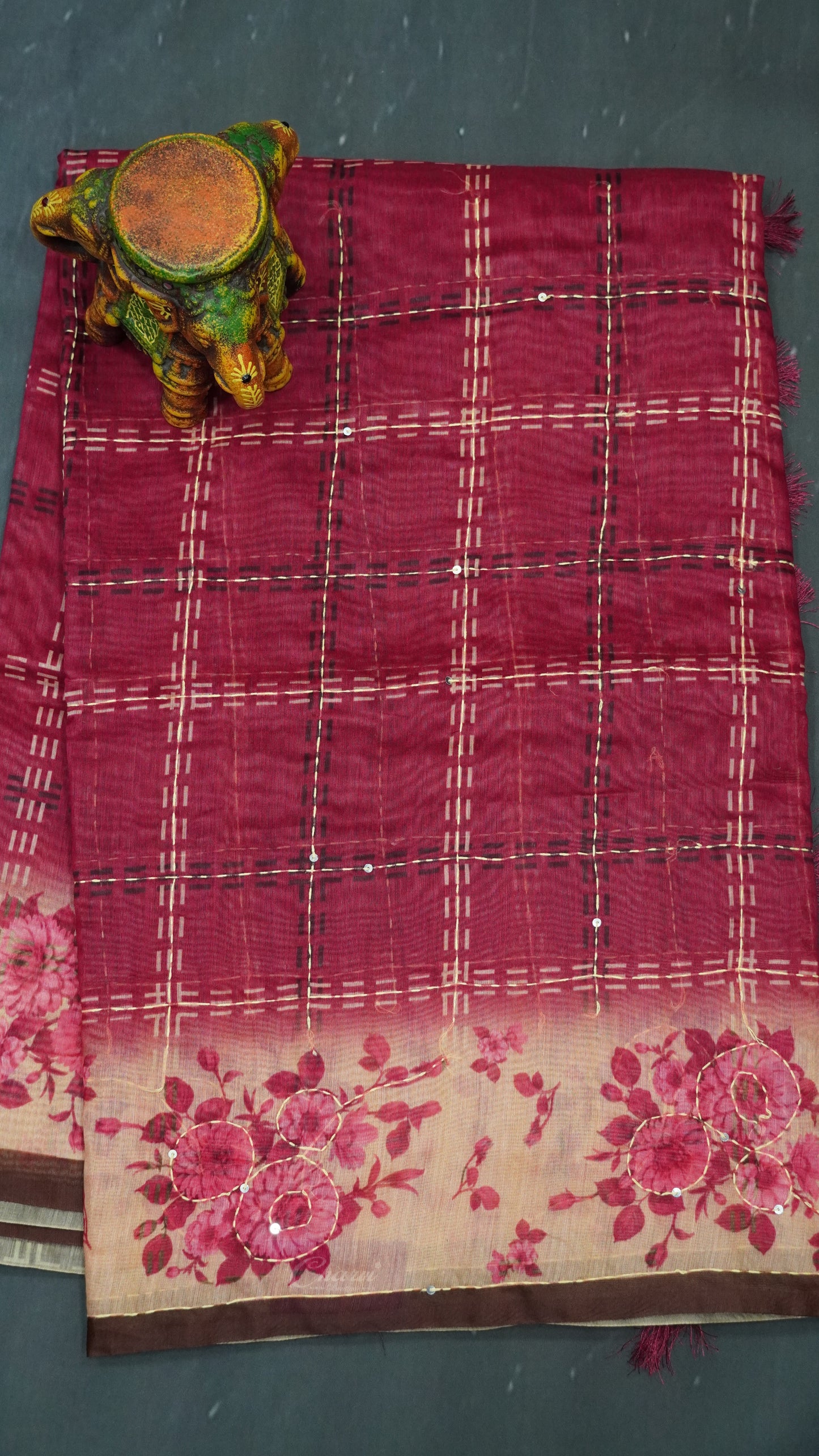 Chanderi Saree Kantha Work-Pink-Checks