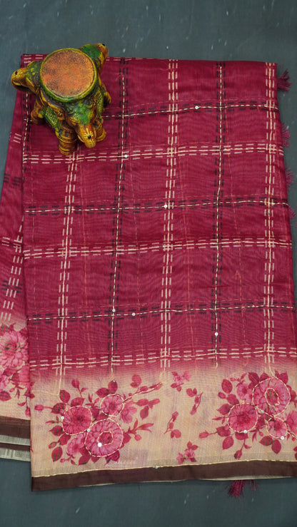 Chanderi Saree Kantha Work-Pink-Checks