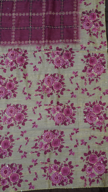 Chanderi Saree Kantha Work-Pink-Checks