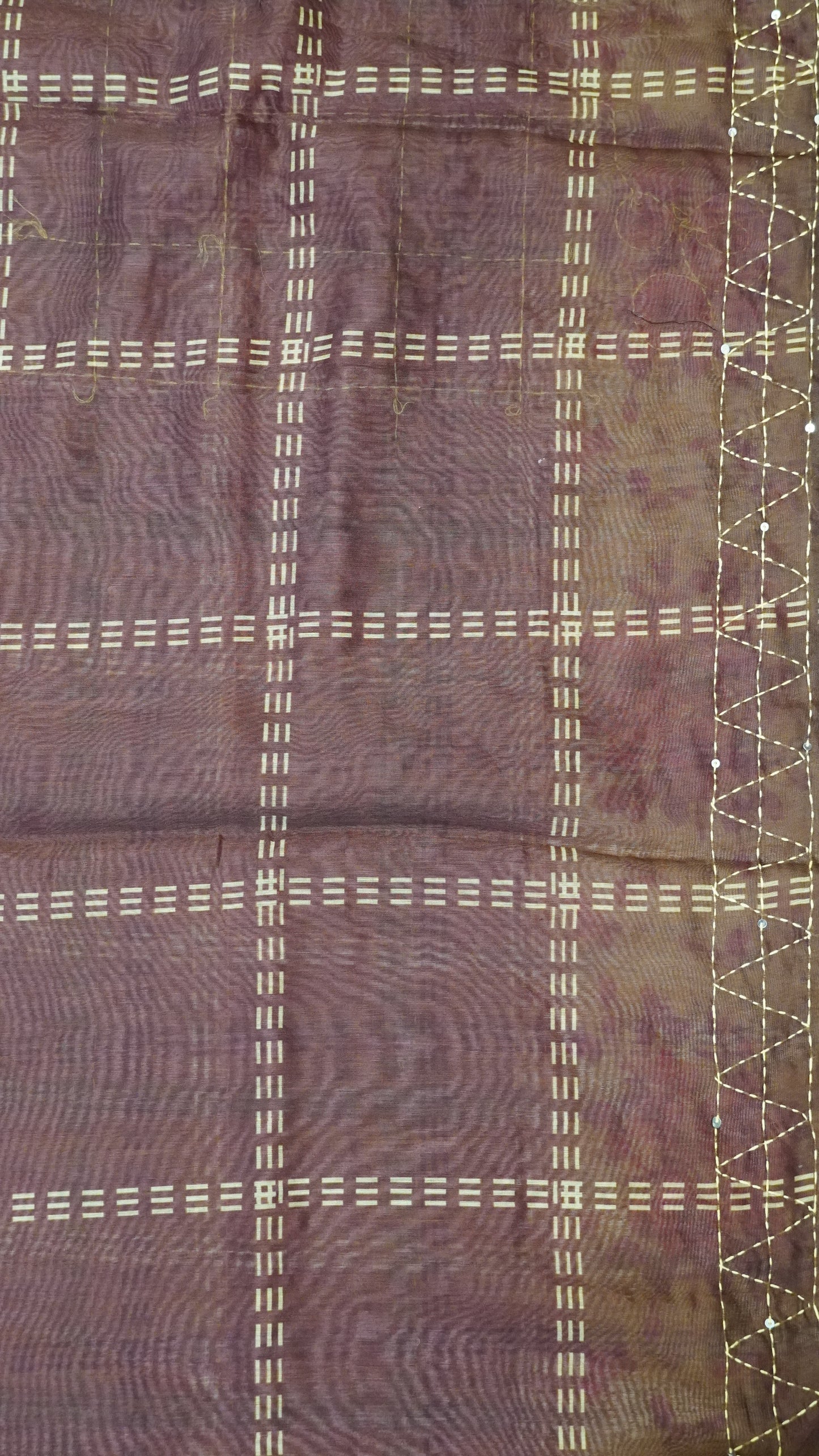 Chanderi Saree Kantha Work-Pink-Checks