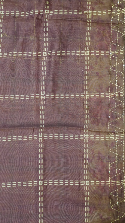 Chanderi Saree Kantha Work-Pink-Checks