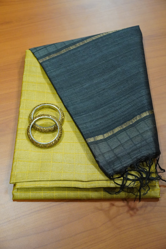 Pure Tussar Saree - Checks yellow