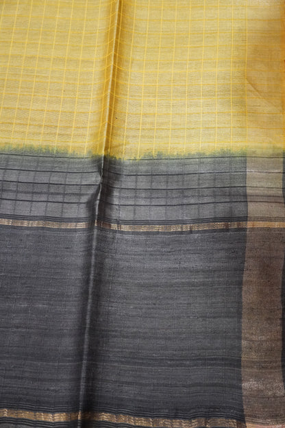 Pure Tussar Saree - Checks yellow