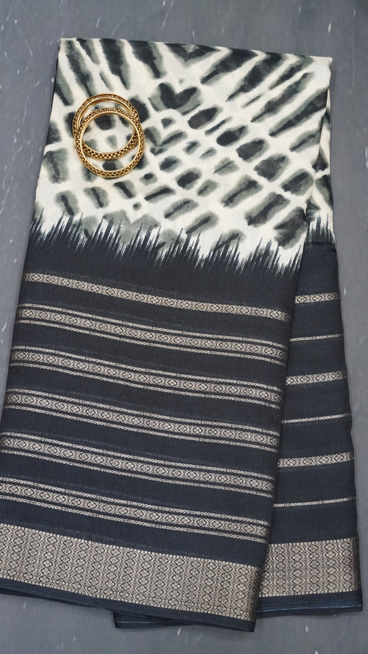 Semi Chiffon Saree- Tie Dye Off White-Black