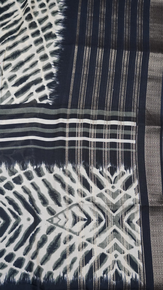 Semi Chiffon Saree- Tie Dye Off White-Black