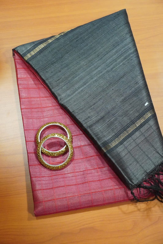 Pure Tussar Saree - Checks Red