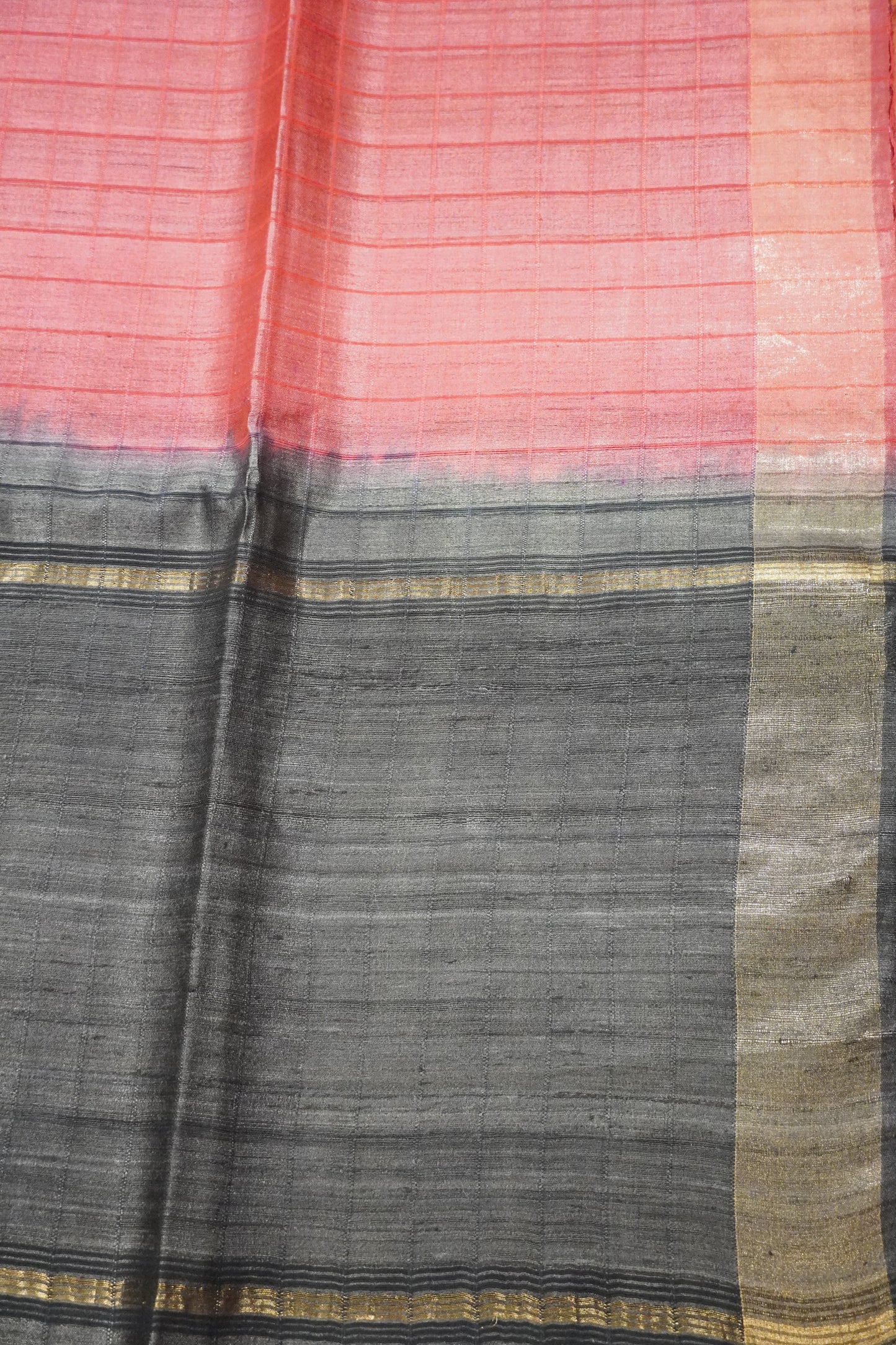 Pure Tussar Saree - Checks Red