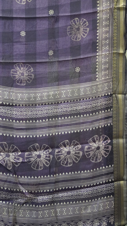 Chanderi Saree Flower Print - Grey