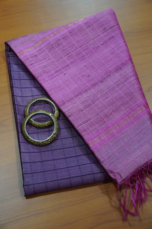 Pure Tussar Saree - Checks Purple