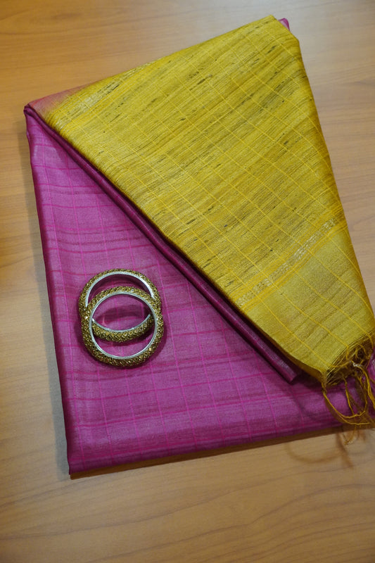 Pure Tussar Saree - Checks Pink