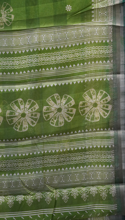 Chanderi Saree Flower Print - Green