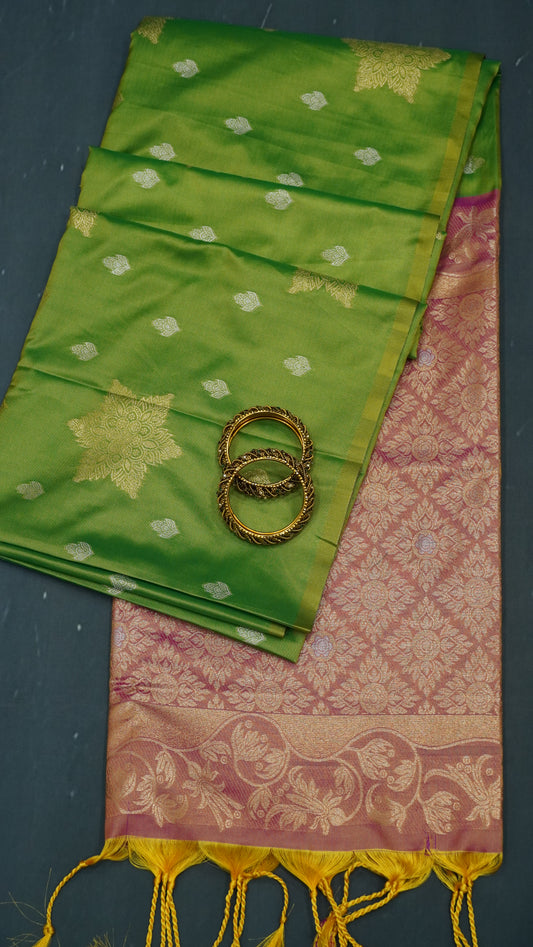 Semi Soft Silk Saree-Rangoli Zari Parrot Green