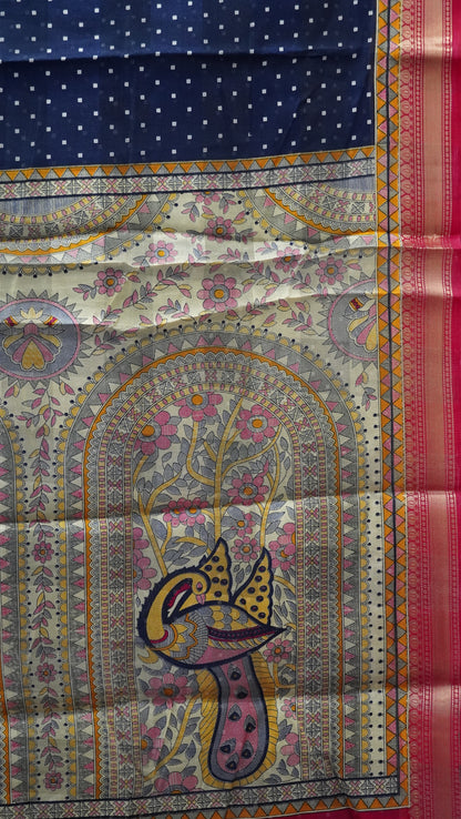 Chanderi Saree Bandhini Print - Navy Blue