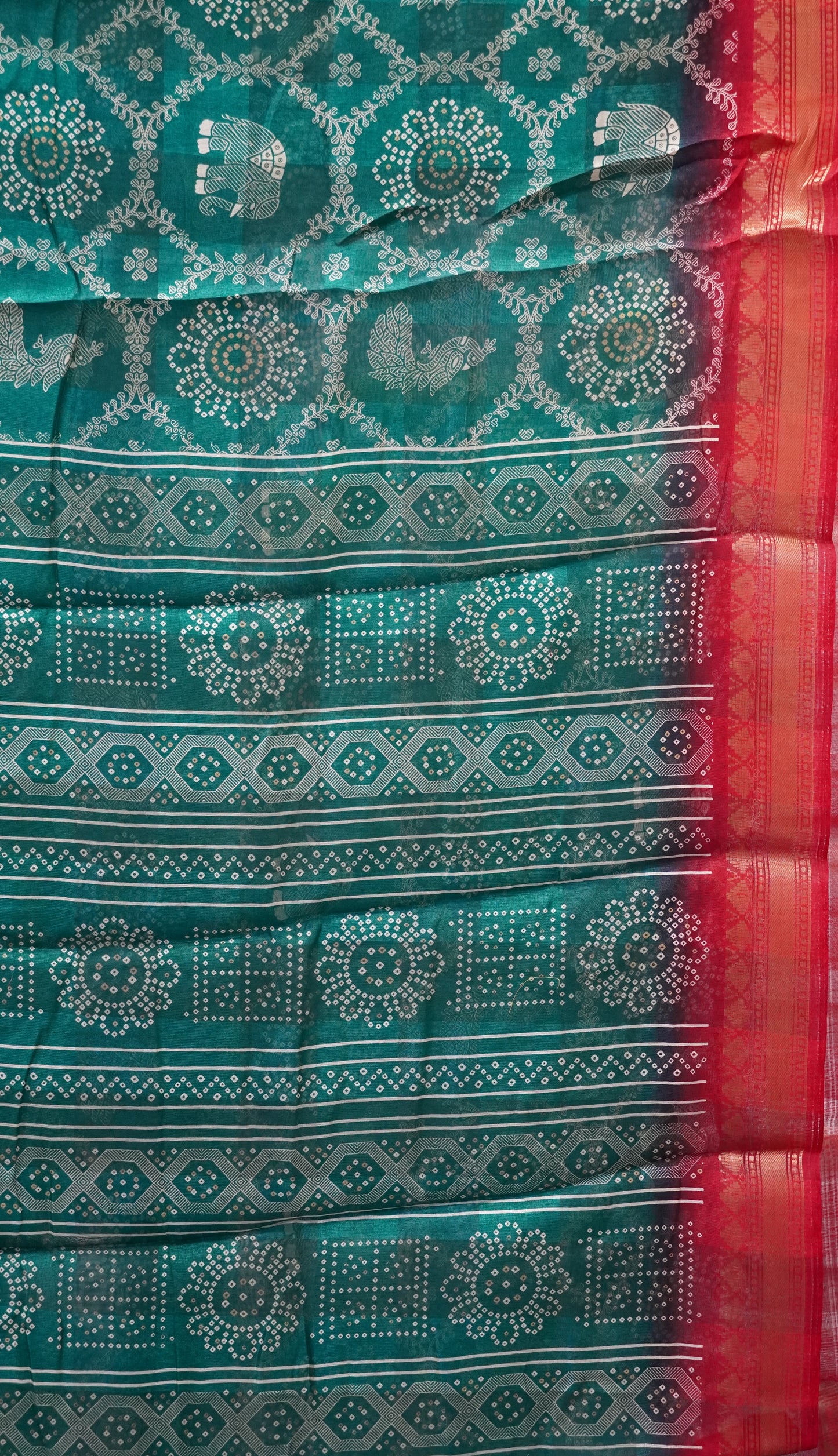 Chanderi Saree Peacock Print - Green
