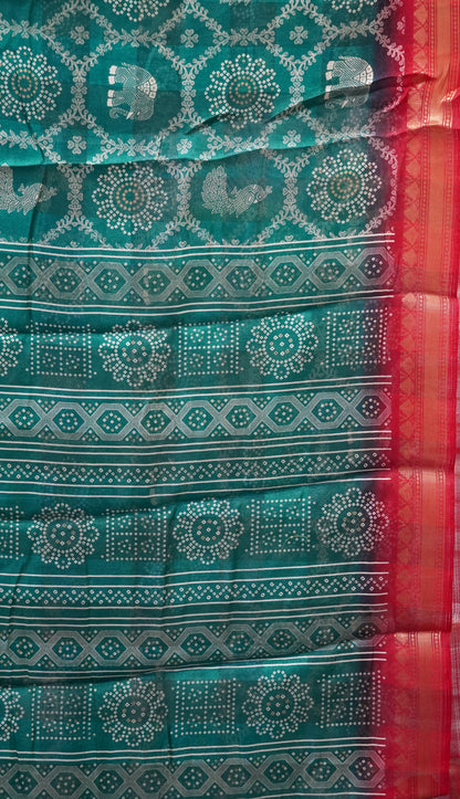 Chanderi Saree Peacock Print - Green
