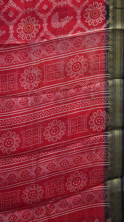 Chanderi Saree Peacock Print - Red