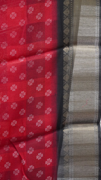 Chanderi Saree Peacock Print - Red
