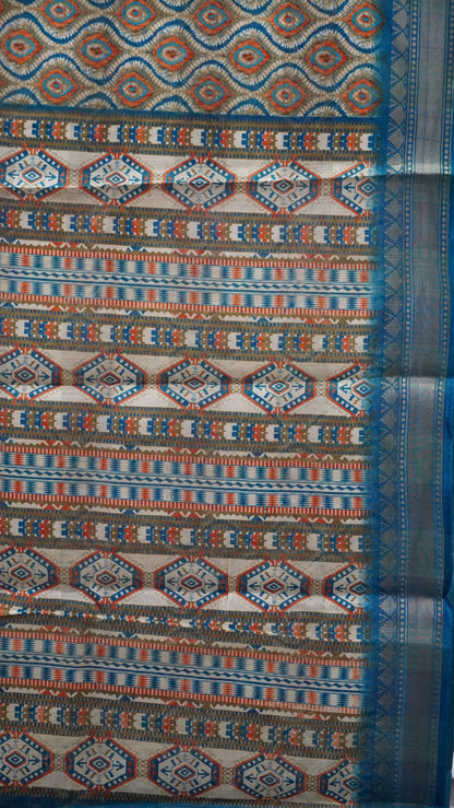 Chanderi Saree Abstract Print - Teal Blue