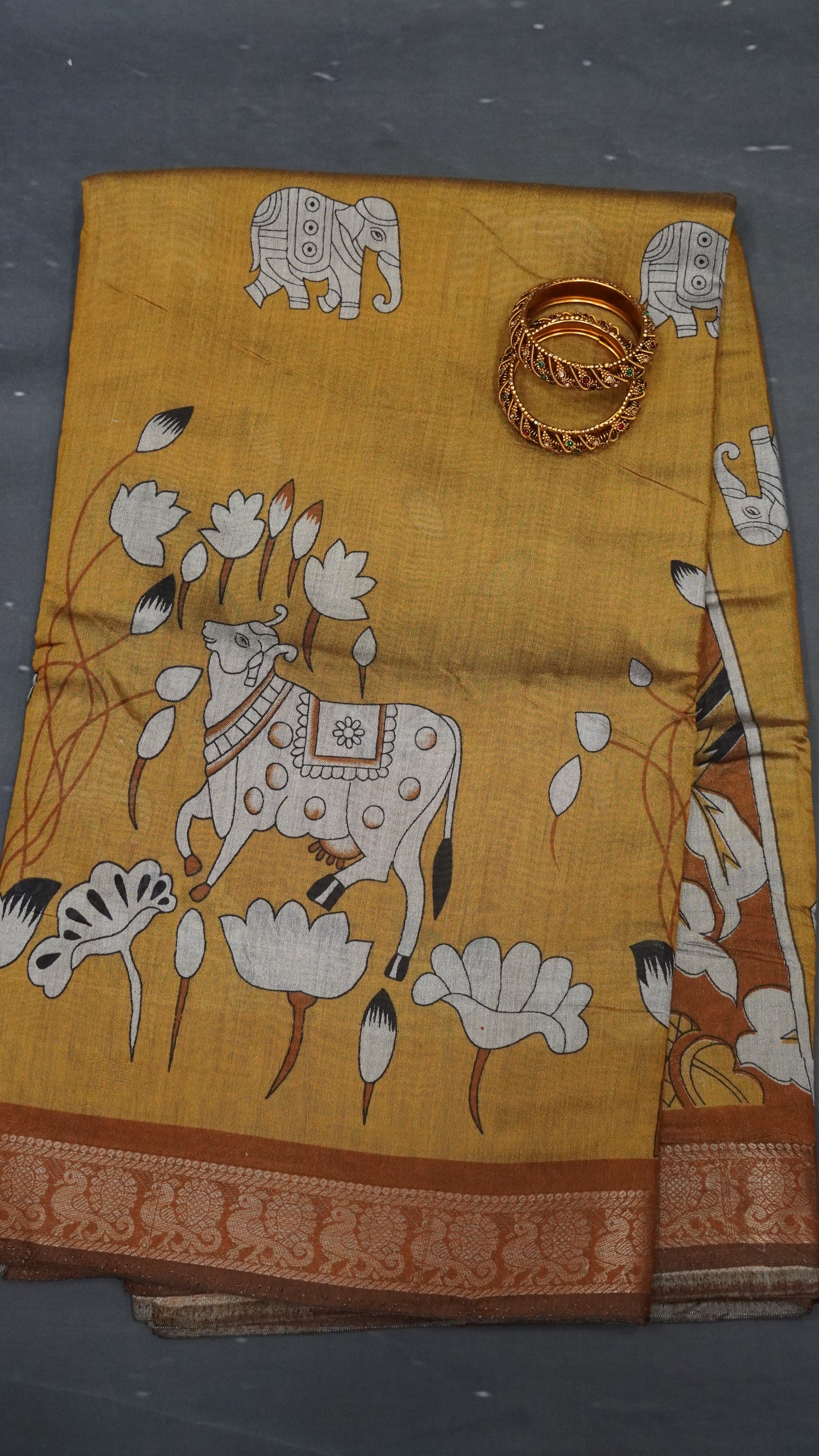Malai Cotton Saree-Mustard Pichwai Print