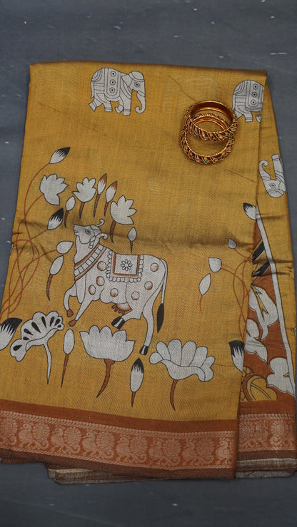 Malai Cotton Saree-Mustard Pichwai Print