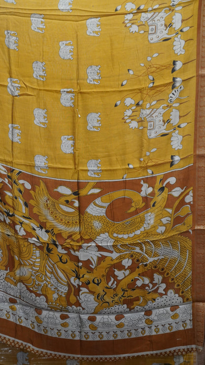 Malai Cotton Saree-Mustard Pichwai Print