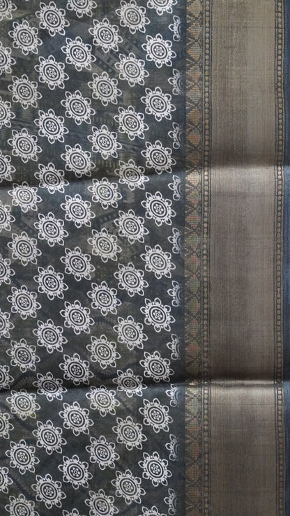Chanderi Saree Abstract Print - Grey