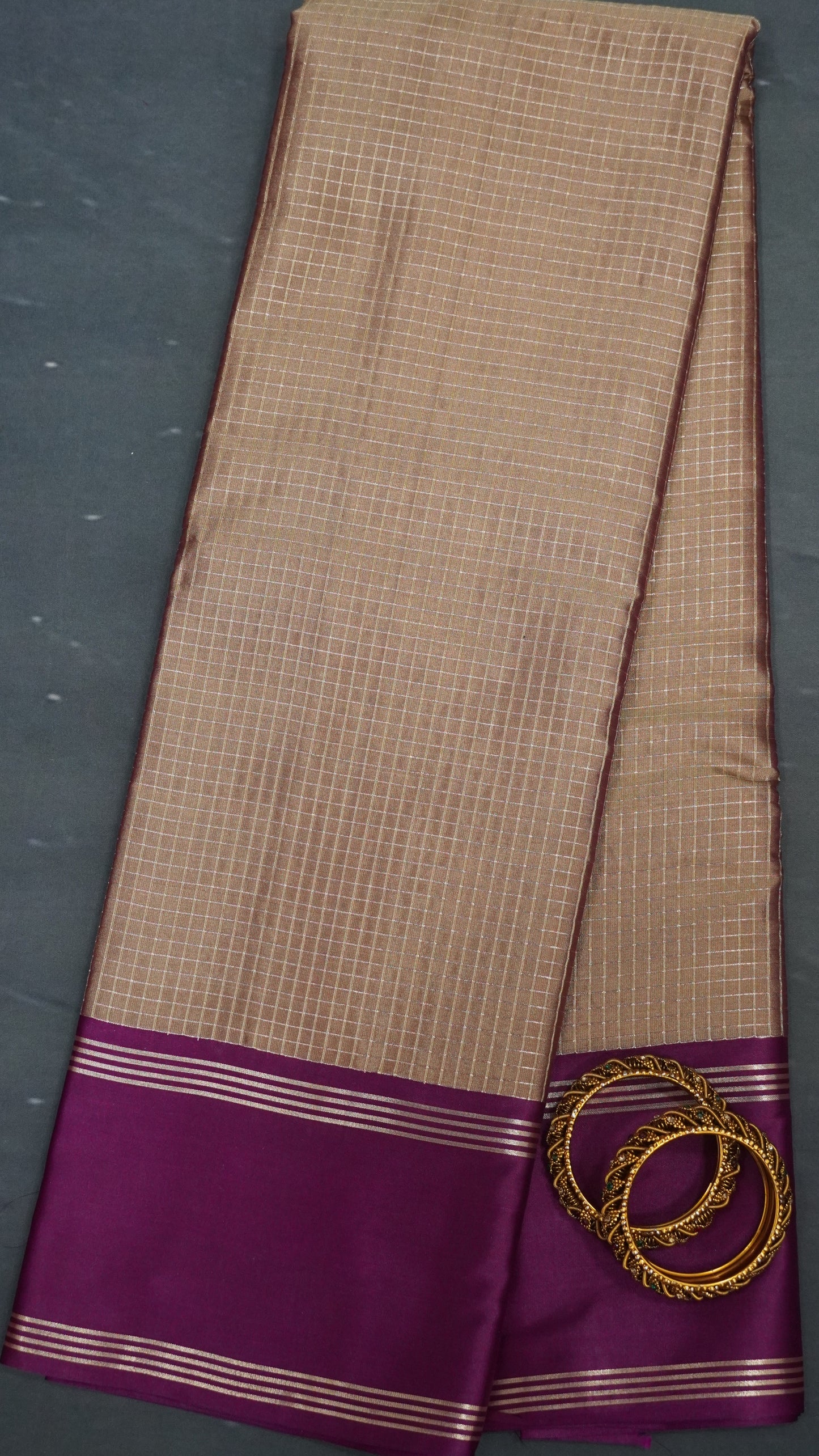 Semi Soft Silk Saree-Light Brown-Wine Checks
