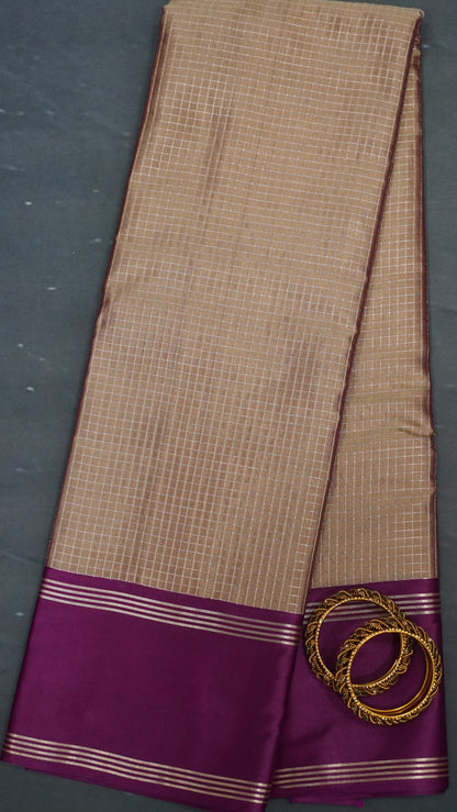 Semi Soft Silk Saree-Light Brown-Wine Checks