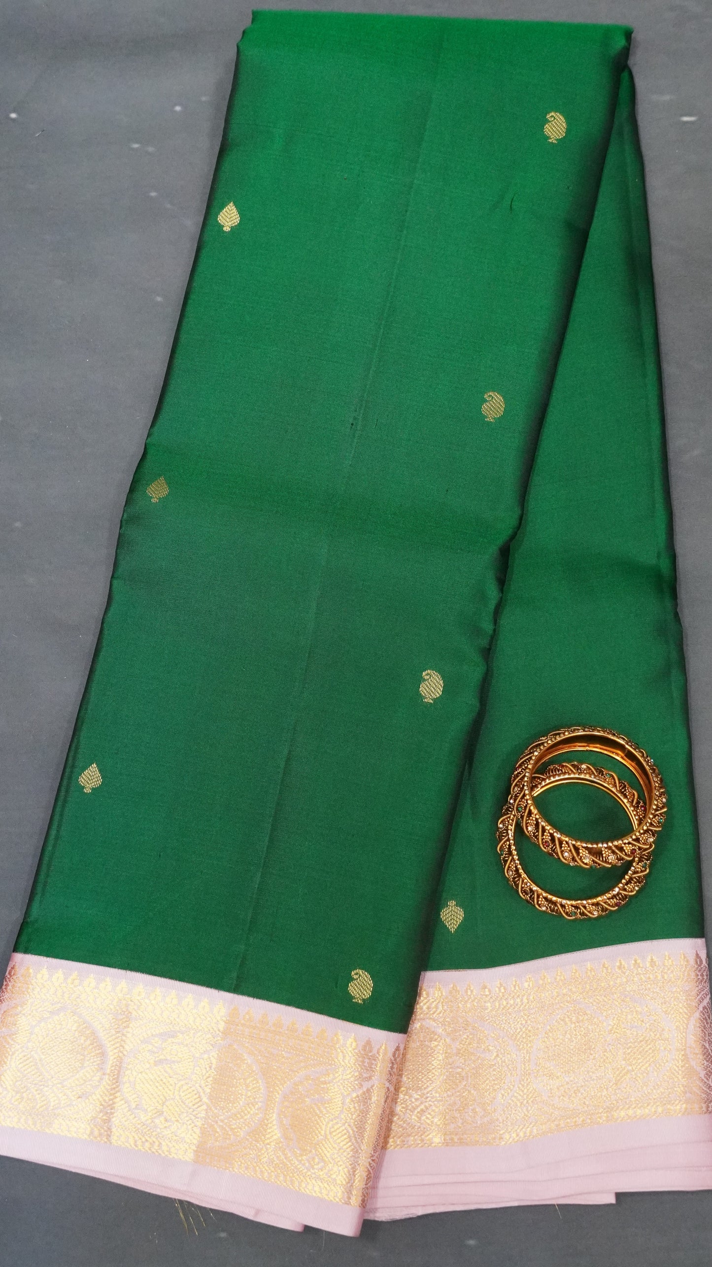 Pure Kanjivaram Silk Saree -Green-Baby Pink