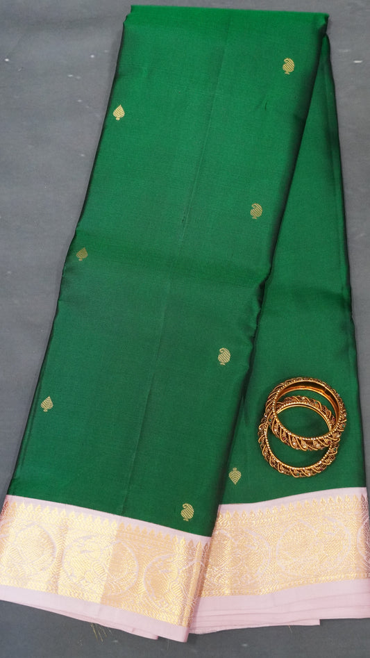 Pure Kanjivaram Silk Saree -Green-Baby Pink