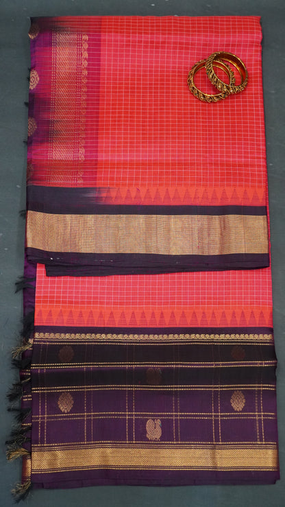 Pure Kanjivaram Silk Saree -Pink-Purple Checks