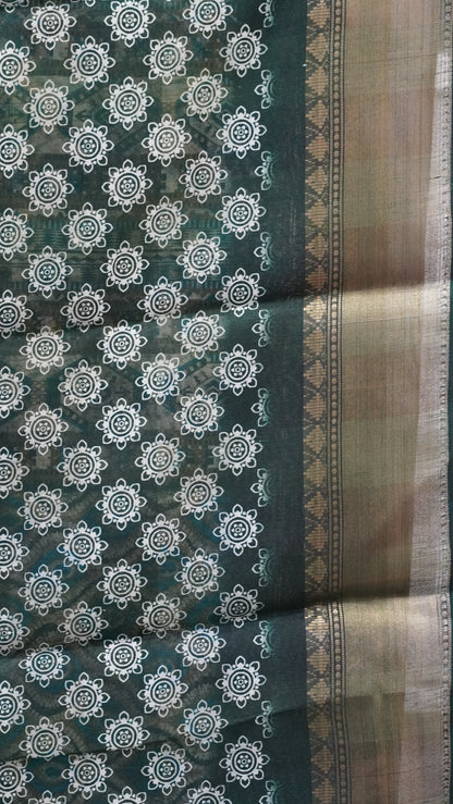 Chanderi Saree Abstract Print - Green