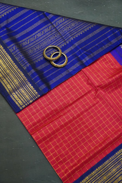 Silk Cotton Saree - Red - Blue