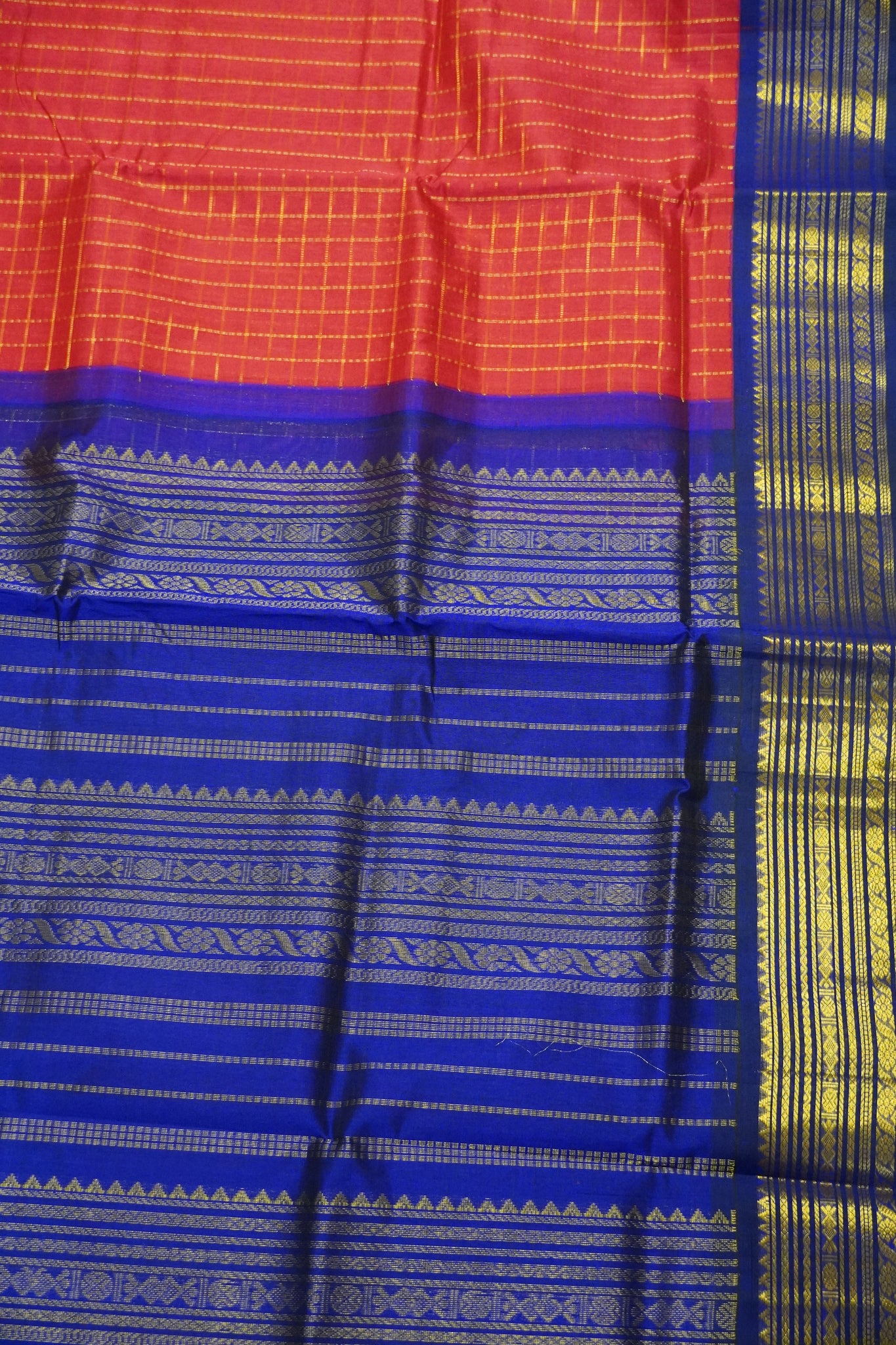 Silk Cotton Saree - Red - Blue