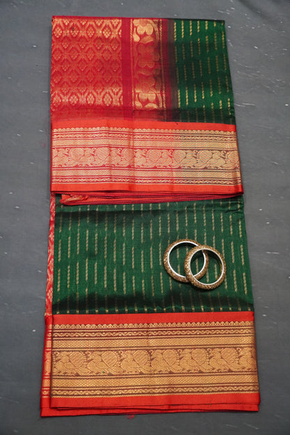 Silk Cotton Saree - Green - Red